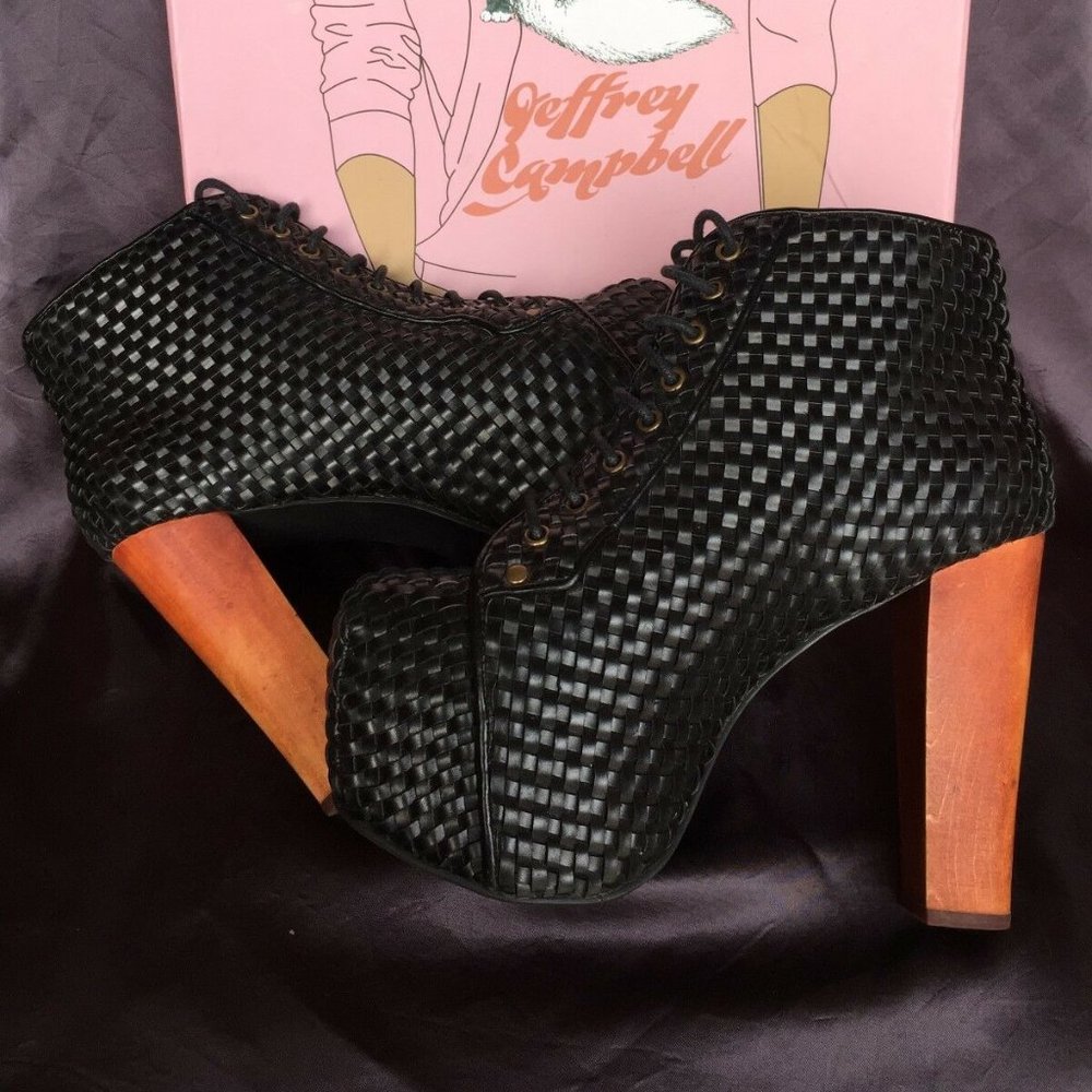 Jeffrey Campbell $254 Retail Black Woven Lita Platform Fashion Boots Vintage BLK